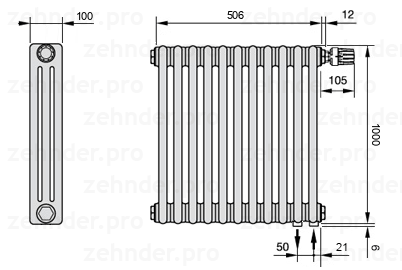 Схема (чертеж) Радиатор Zehnder Charleston 3100/11 №V002 Белый глянцевый RAL 9016
